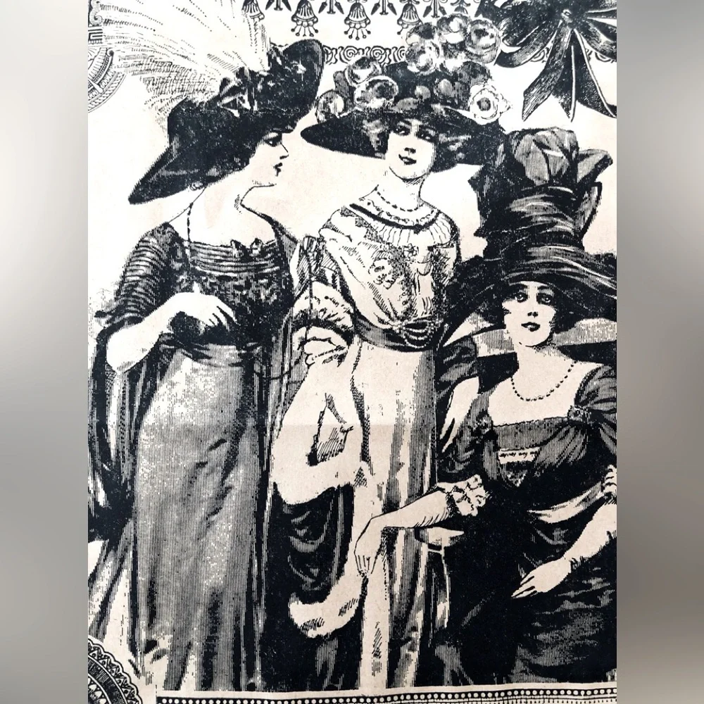 Victorian fashion lithograph Paper gift bags stiff handles Natural Black 16x13x6